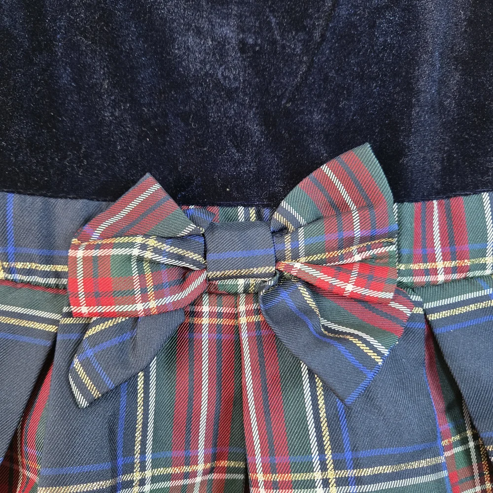 Childrens Place Girls Navy Velour Red Plaid Front Bow Fit And Flare Dress 2T NEW